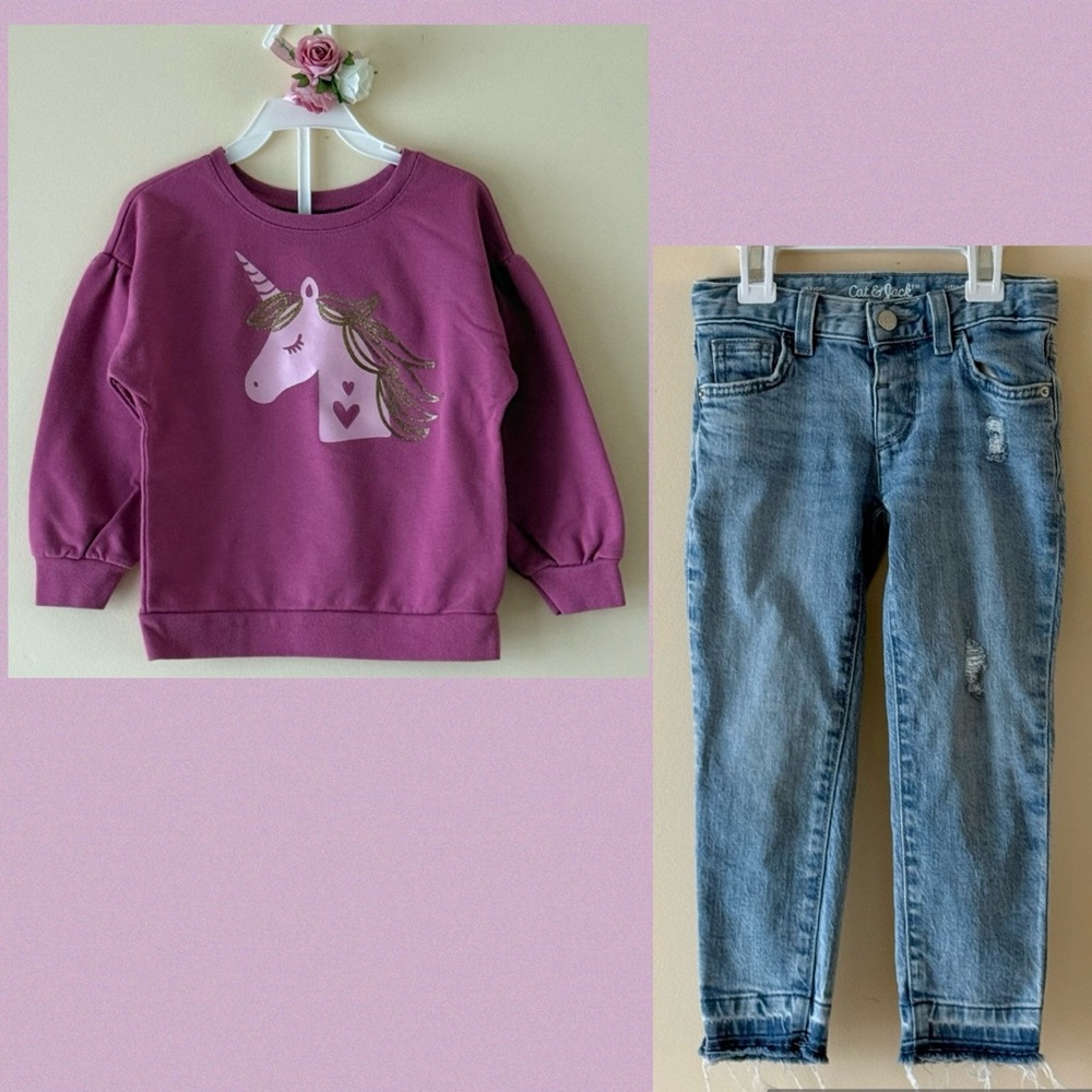 Garanimals/Cat&Jack Girls Purple Unicorn Sweatshirt and Blue Jeans Set, Size 4T